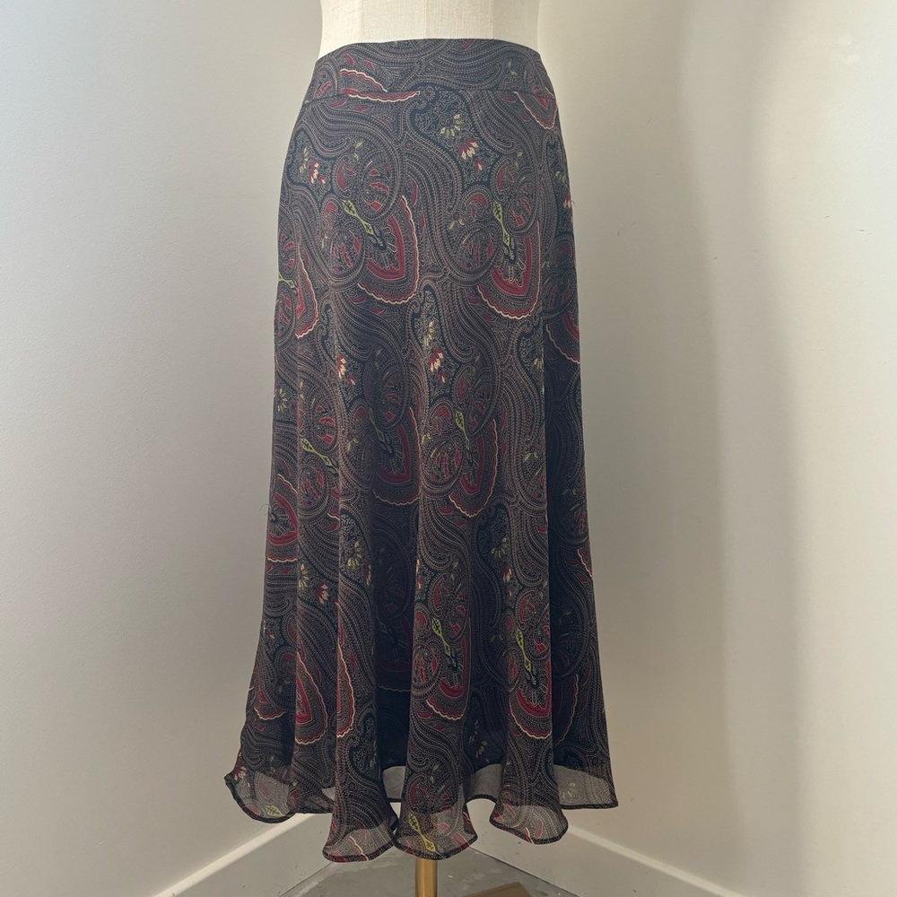 Anne Klein Brown, Black, Red & Green Paisley Print Silk Midi Skirt